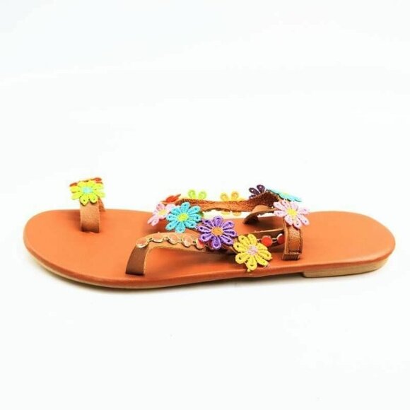 Womens Flat Sandal Brown Multicolor Floral 9.5 New - Picture 1 of 9
